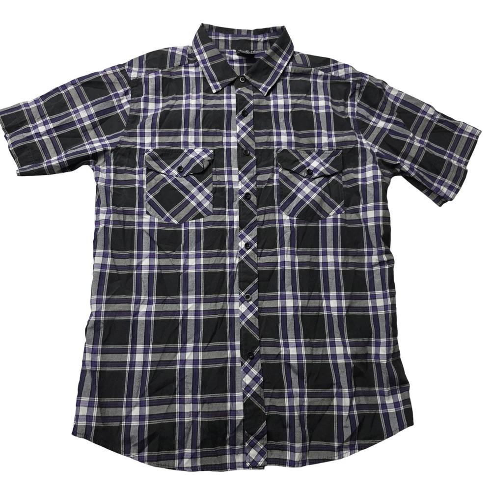Blue Lava Bay Shirt Mens Medium Black Purple Plaid Short Sleeve Button Up Casual